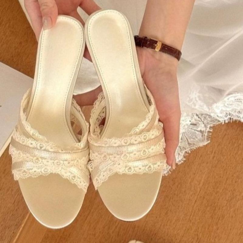 Fashion Fashion Stiletto Cold Drag Women's Fashion Round Toe Open Toe Lace One Strap Anti-Slip Wear-Resistant High Heels