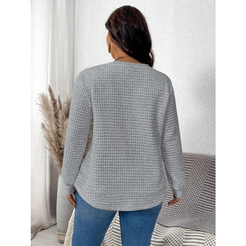 Women Fashion Casual Loose Plaid Solid Long Sleeve Pullover Sweatshirt