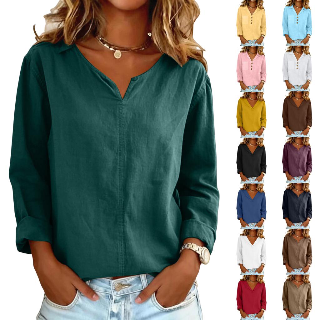 Women's Color Casual Loose V-neck Long Sleeved Split Cotton And Linen Top