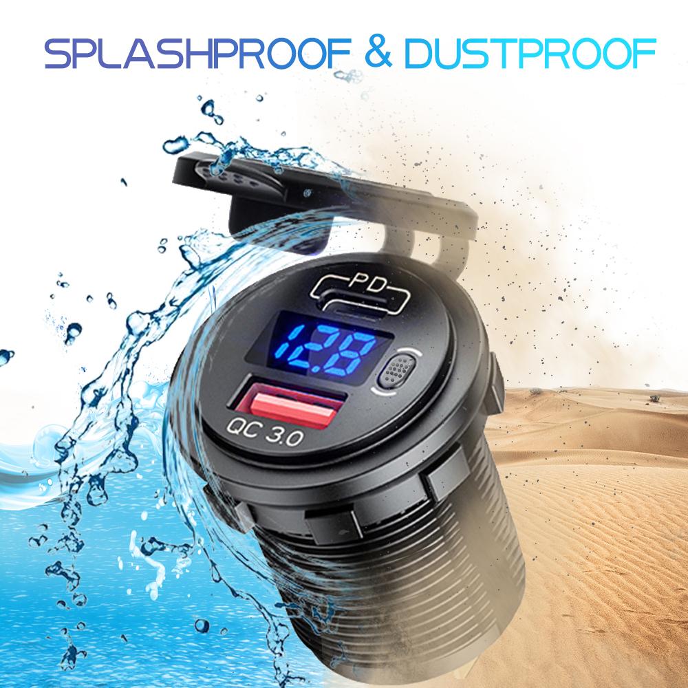 12V/24V Car Charger Socket with ON/Off Switch Voltage Display  45W PD USB QC 3.0 Fast Charger for Car Truck Boat RV Motorcycle