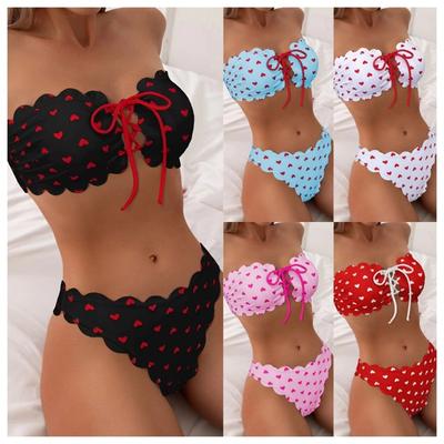 Damen Badeanzug Sexy Bedrucktes Bandeau-Bikini-Badeanzug mit Kordelzug für Damen