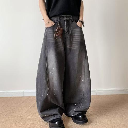 Men's Mid Rise Washed Cat Whisker Barrel Jeans Loose Wide Leg Denim Pants American Vintage High Street Y2K Casual Four Seasons Long Trousers
