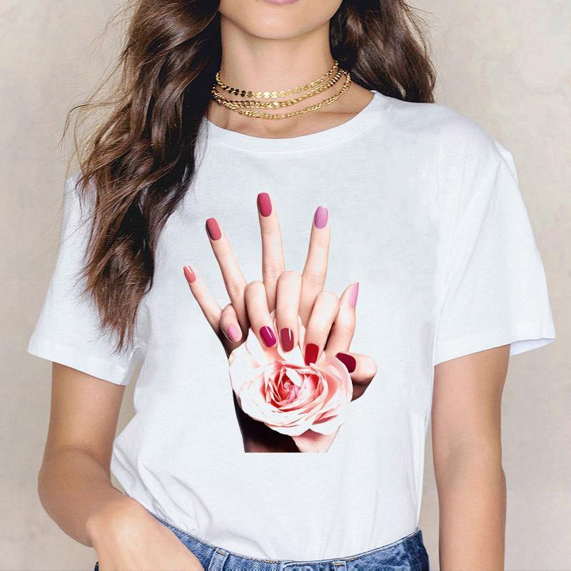 Kpop Fashion Cosmetics 3D Nail Polish Print Tees Women Y2K Tops Summer White Loose Short Sleeve O-Neck Female T-Shirts Blouses