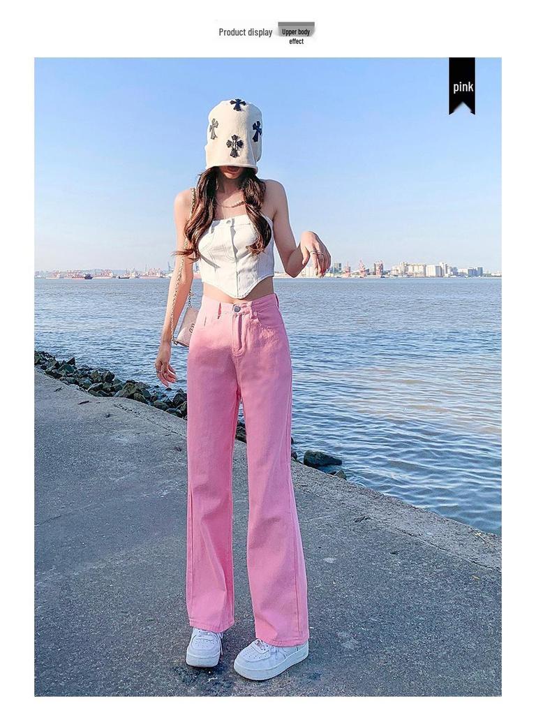 Women's Yellow High-Waisted Wide-Leg Jeans - 2022 Slimming Style for Petite Figures, Straight Floor-Length Pants