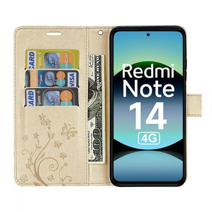 Case and 2 Tempered Glasses for Xiaomi Redmi Note 14 4G (not for 5G) Protection Leather Effect Relief Pattern Golden Butterfly