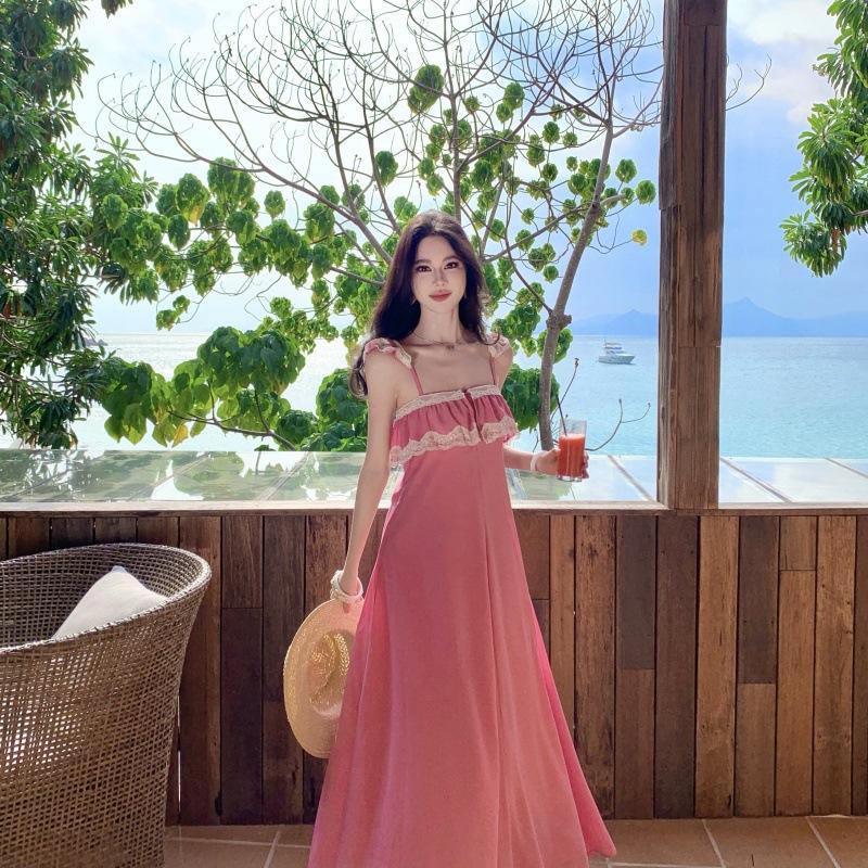 Internet Celebrities with the Same Pink Purple Chiffon Lace Suspender Dress Women's Summer Seaside Vacation Style Sexy Dress