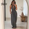 Lässiges Neckholder-Faltenkleid Damen Nacken Maxikleid, Tiefes V Ärmellos Schlankmachend Langer Rock Strandurlaub Sommerkleid, Sommer Fließend mit Taschen