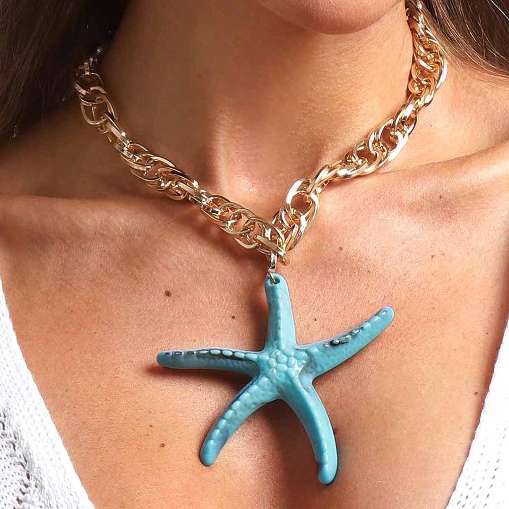 N11181 Fashion Color Resin Starfish Pendant Necklace Seaside Holiday Ocean Series Aluminum Chain Necklace