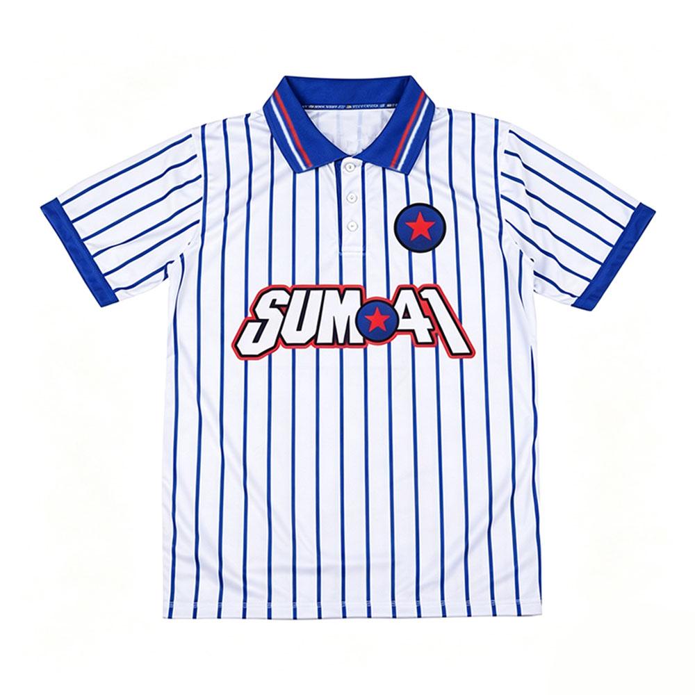 Sum41 Band Polohemd Unisex Gestreift Kurzarm Jersey Blau Weiß Vertikaler Streifen 3-Knopf-Kragen Sport Oberteil T-Shirt Herren Damen