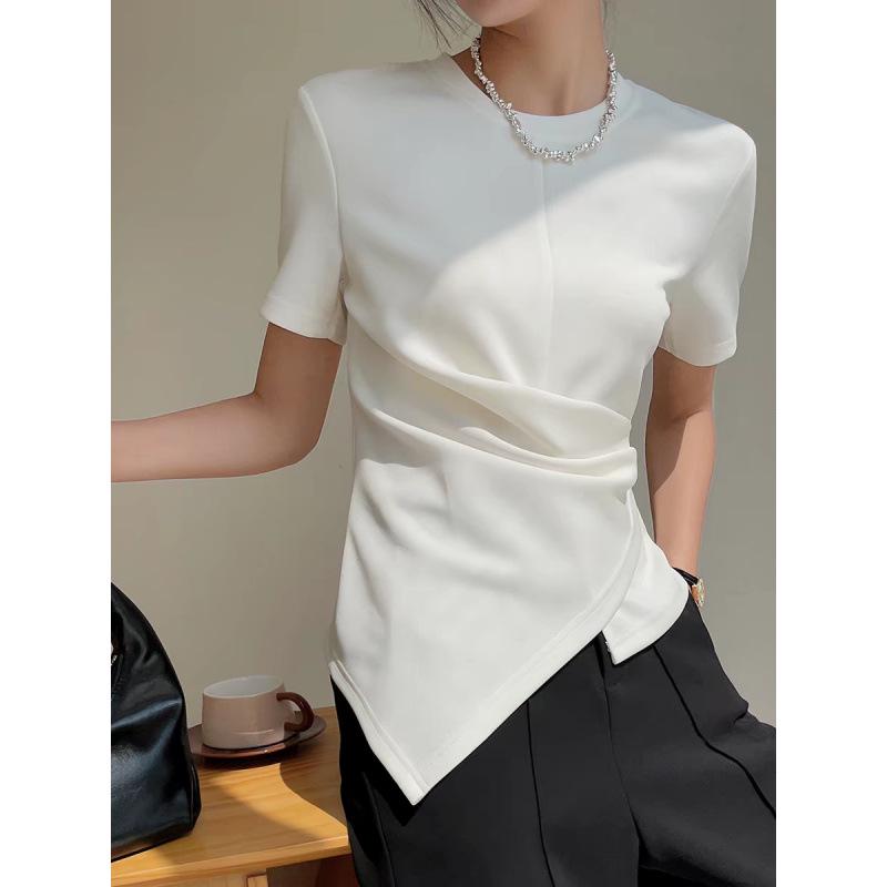 Women s French White Cupro Waist-Cinched Irregular T-Shirt, Summer 2026 Design 2XL