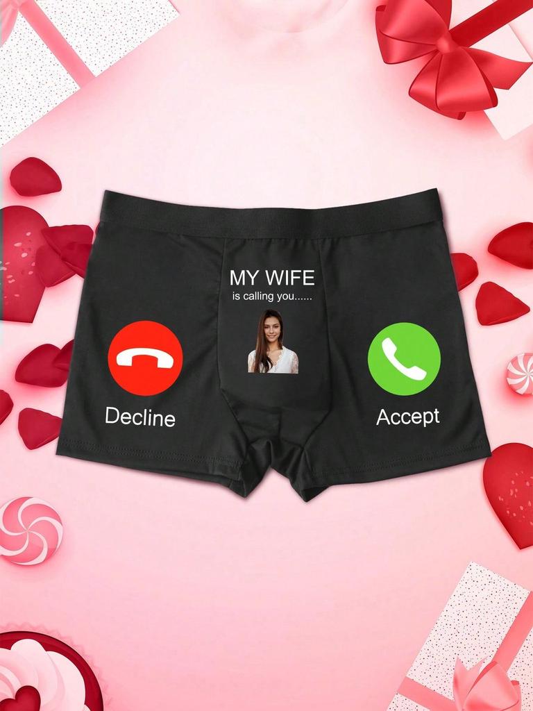 Men's Customized Photo My Wife Call You Pattern Boxer Briefs, Elastic Soft Comfortable Personalized Underwear, Ideal Gift for Boyfriend/Husband
