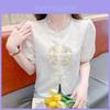 Embroidered Short Sleeve Shirt For Women With 3d Pattern And Stand Collar