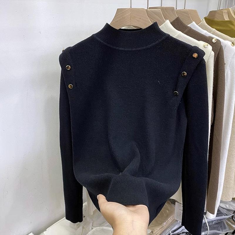 Temperament simple casual semi-turtleneck shoulder buckle design autumn and winter new solid color thin thick bottoming shirt