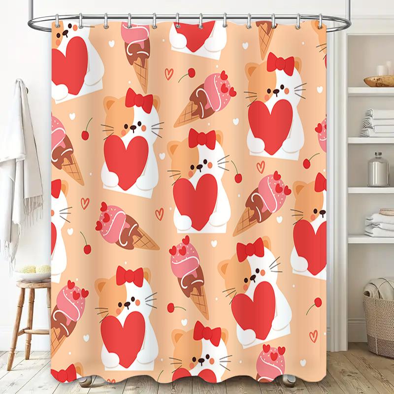 Pet Cat Shower Curtain With Sweet Hearts Design For Bathroom Decor Pink Red Cupcakes Ice Cream Cone Bow Ties 3D Printed Waterpro