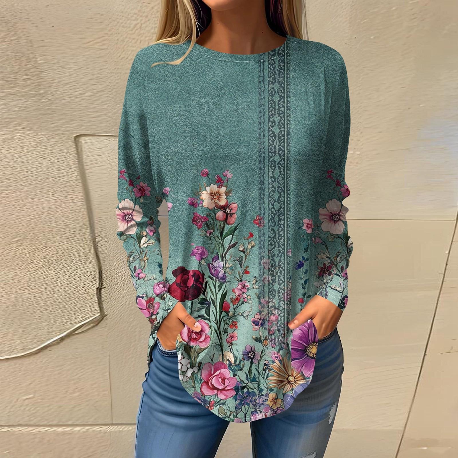 

Футболки для женщин, осенние повседневные рубашки с длинным рукавом, толстовка, винтажный топ с графическим принтом, пуловер S