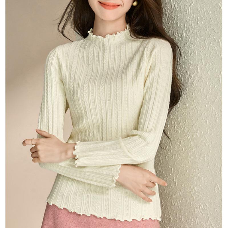 Bottom shirt women's spring and autumn inner wear new semi-turtleneck fungus edge knitted sweater medium neck long sleeve slim sweater