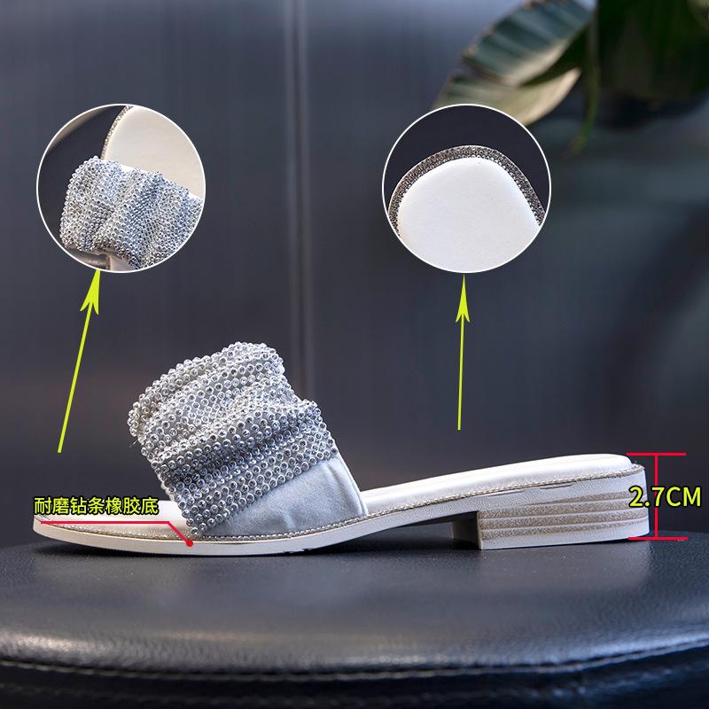 Rhinestone Cool Slippers for Women To Wear 2025 New Summer Women's Fashion Versatile Women's Shoes One-word Drag Thick Heel Shoes Drag Women