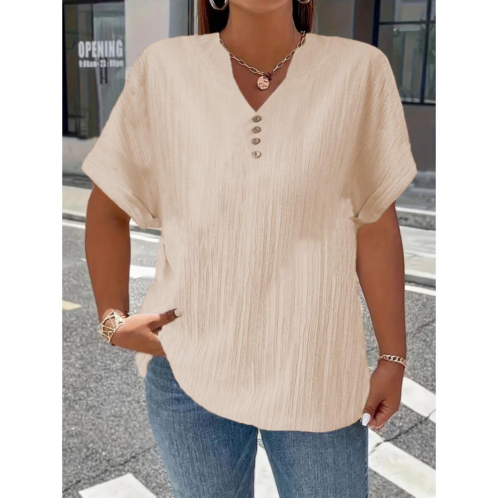 Spring and Summer Women's Fashion Casual Solid Color Button V-neck T-shirt for Women