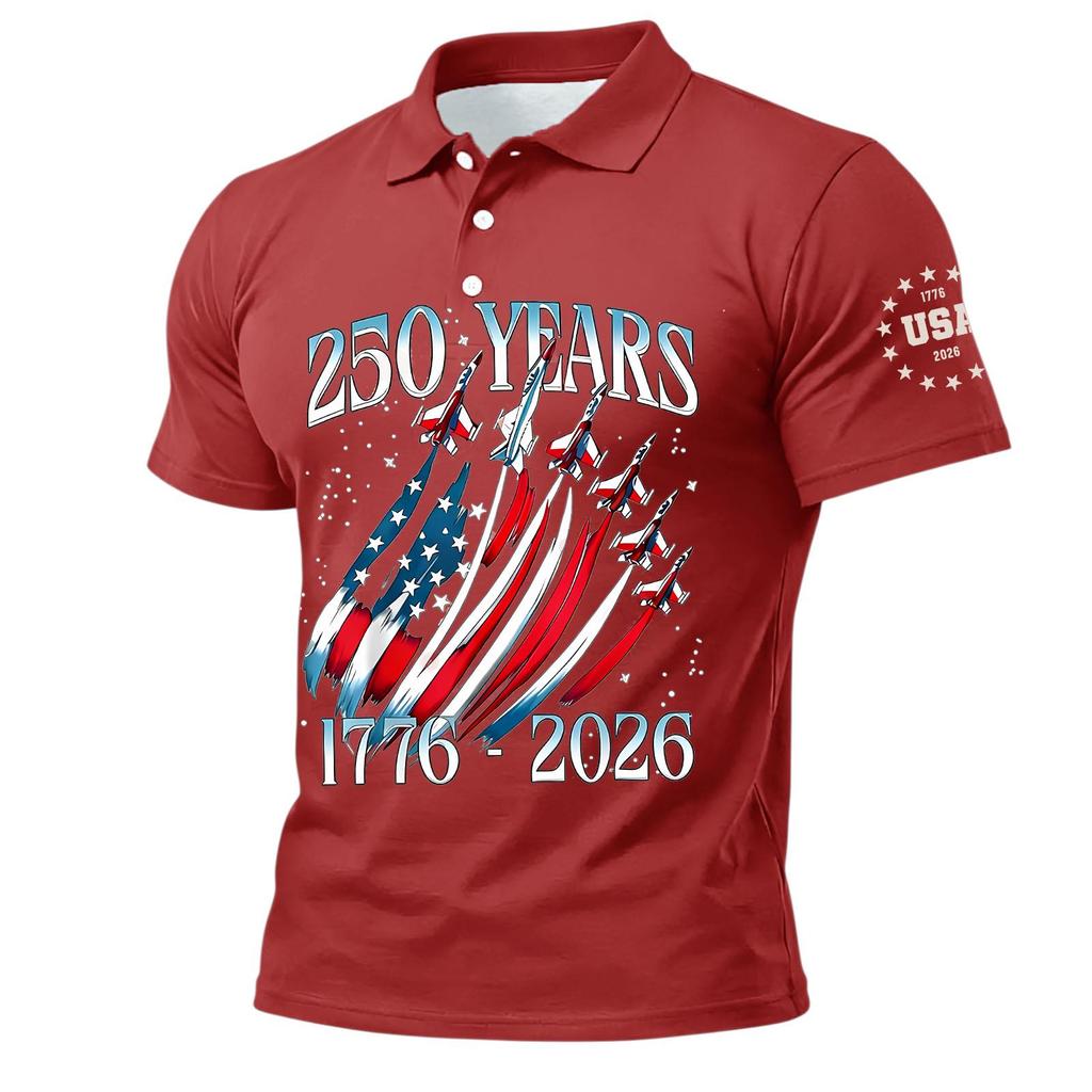 Men's Polo Shirt Short Sleeve 250 Years 1776 2026 Printed USA Flag Aircraft Graphic Casual Top