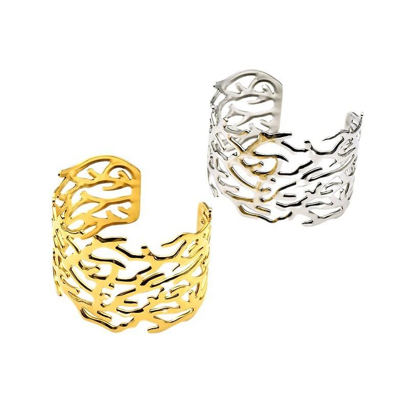 Stainless Steel C-Shape Open Bangle With Hollow Leaf Womens Bold Statement Bracelet