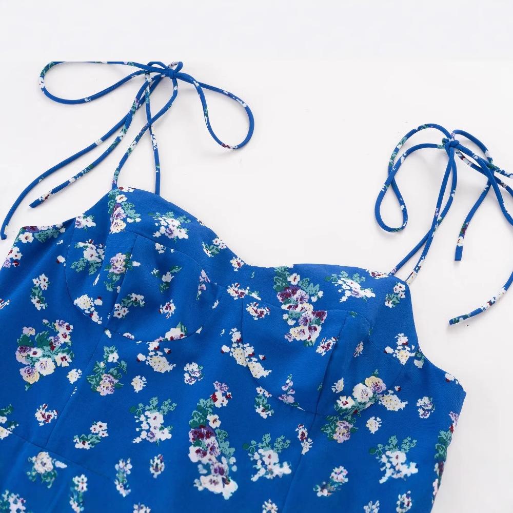 Summer New Women's Clothing European and American Fashion Temperament Waist and Thin Floral Lace-up Suspender Dress A-word Long Dress