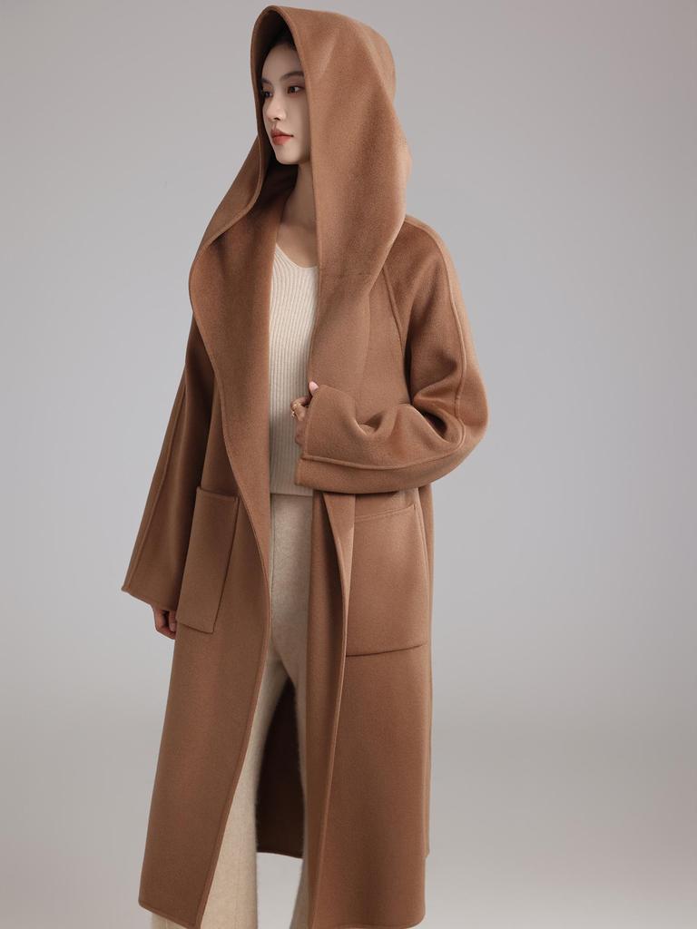 High-End Extra Long Double-Faced Wool Coat: Hooded, Tie-Waist, Light Luxury Casual Silhouette with Cashmere