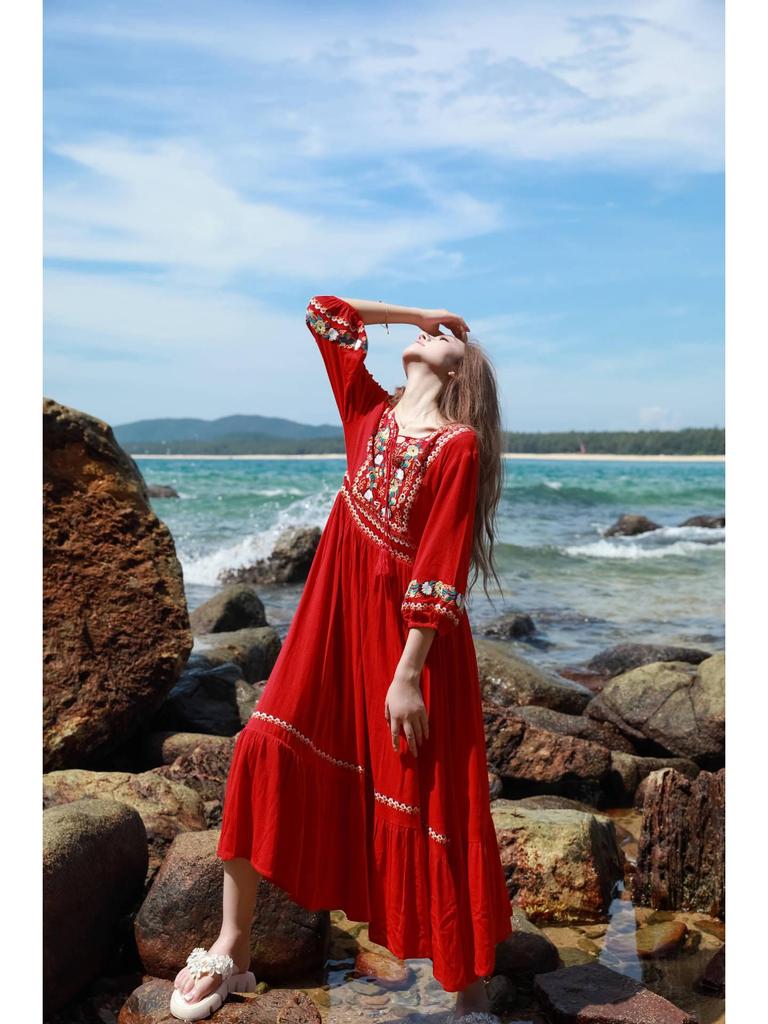 Women's White Embroidered Ethnic Summer Beach Dress with Big Swing Skirt