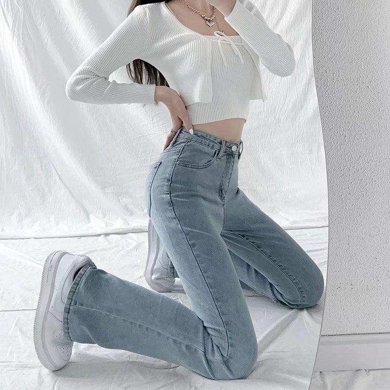 Spring 2022 Women's Light Blue High-Waisted Micro-Flare Jeans - Slimming Wide-Leg Peach Buttocks Fit