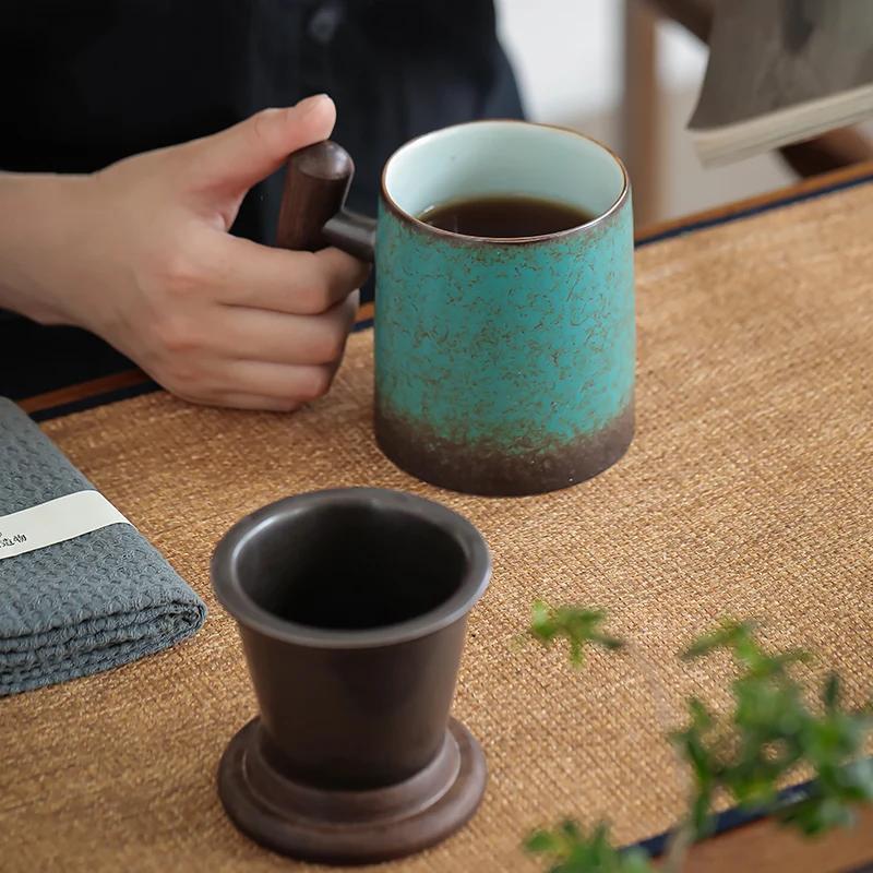 Retro Ceramic Aesthetic Mug Bubble Tea Cup with Cover Japanese Tea Water Elegant Original Mugs Coffee Cups Espresso Kiln Baked Wood Handle Gift