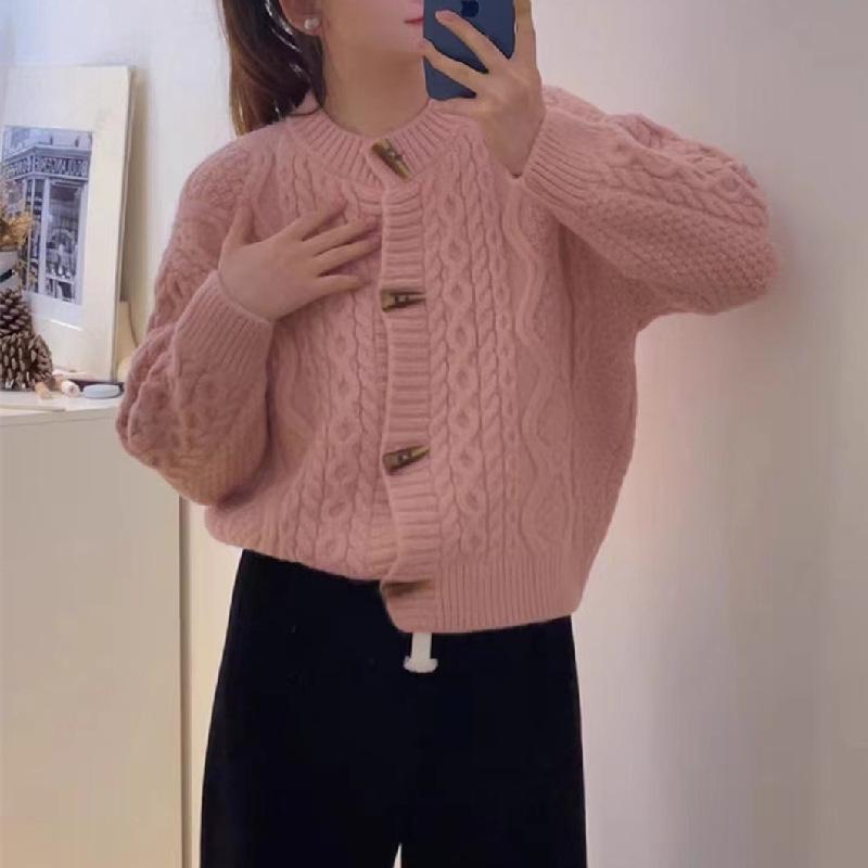 Korean Academy Style Round Neck Knit Cardigan with Horn Buttons for Women - Fall 2025