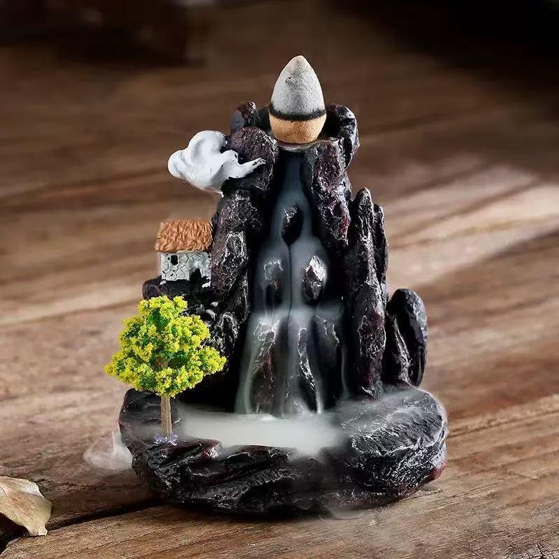 Creative Resin Backflow Incense Burner with High Mountain Flowing Water and Clouds Aromatherapy