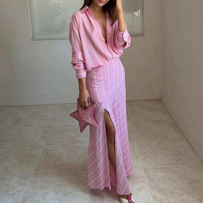 1116 Summer New Women's Clothing, European and American Women's Clothing, Fashionable Casual Striped Long-sleeved Shirt Skirt Set