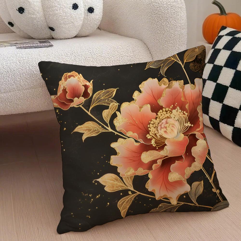 Delicate Peony Pillow Chinese Flower Decor Cushion Cover Throw Pillow Cover Hidden Button Durable Polyester Chair Cushion