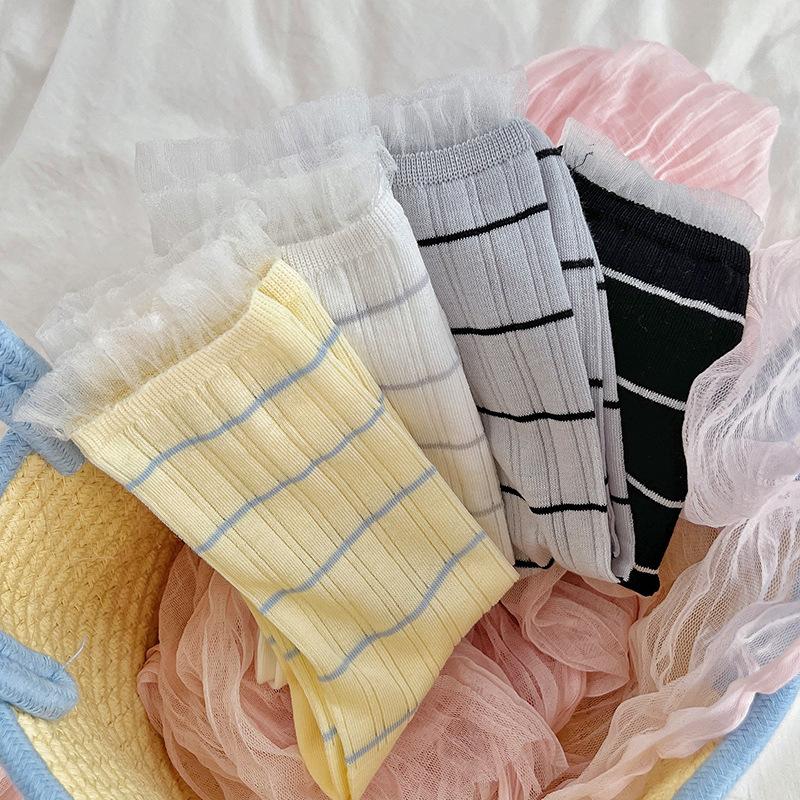 Chaussettes montantes tube d'été fines pour femmes, rayées, dentelle, maille dentelle, respirantes, sans os