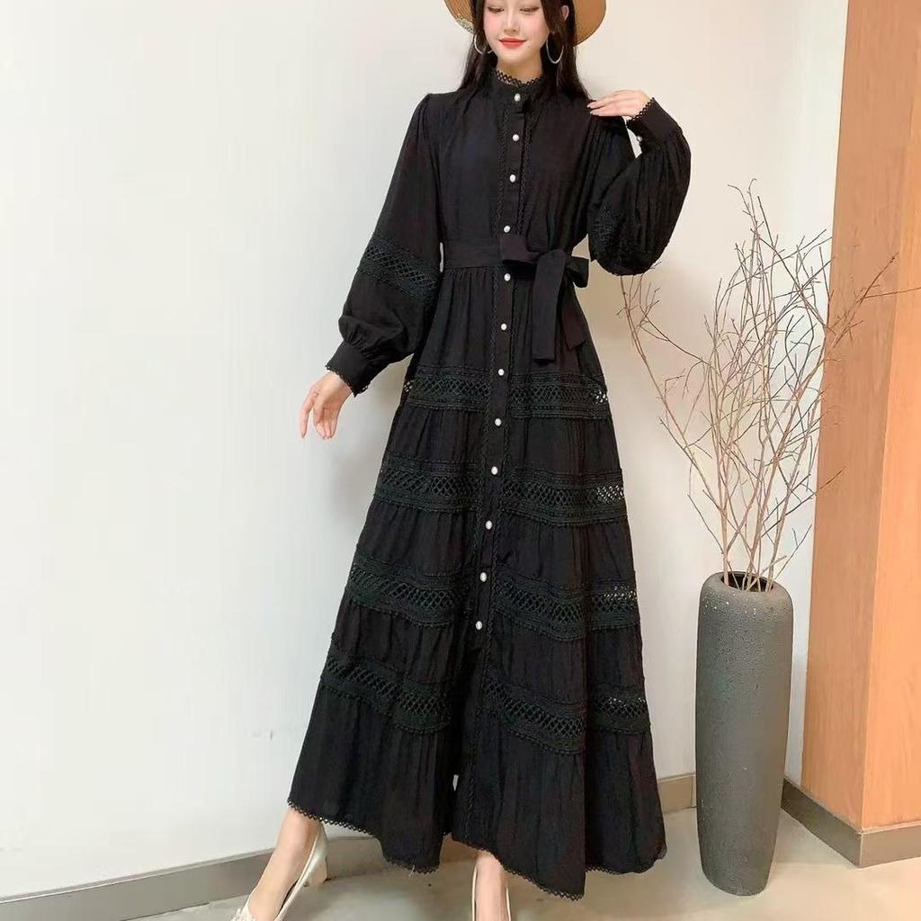 Robe Dentelle Style Printemps Français à Manches Bouffantes avec Détail ajouré