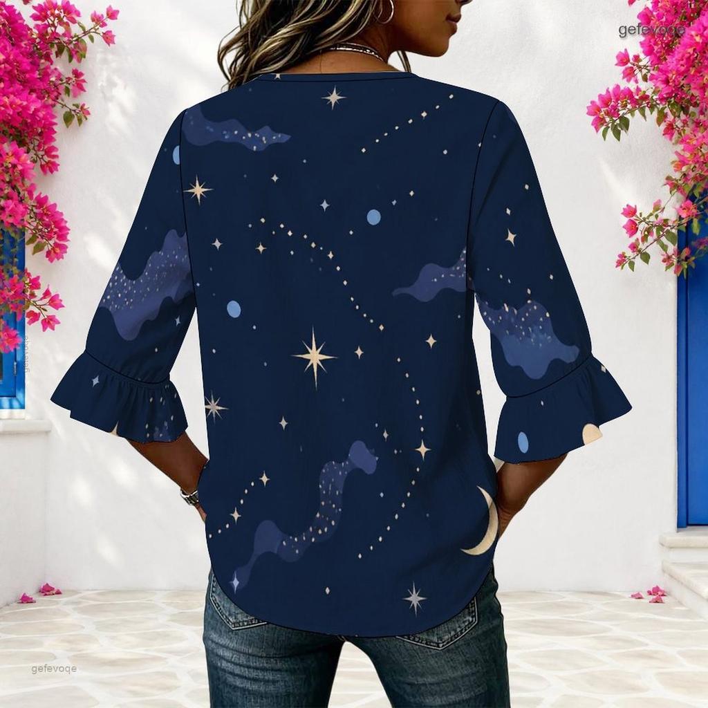 Womens Plus Size V Round Neck Mid Sleeve Front Button Trendy Casual Loose Everyday Ladies Blouse