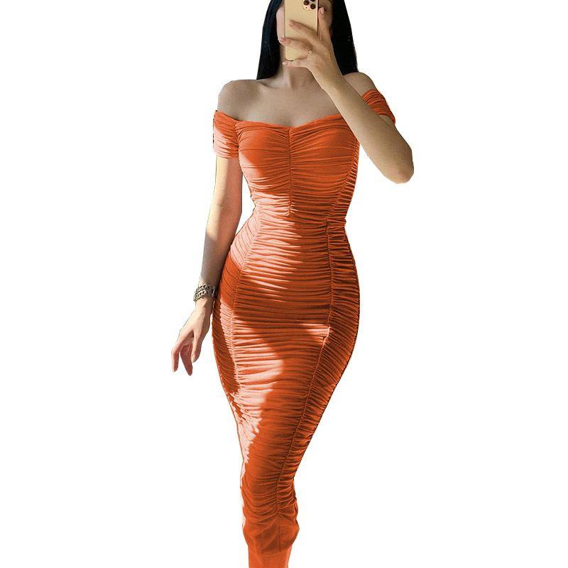 

Solid Color Strapless Pleated Dress Pure Color Tube-Top Ruffle Hip Dress Female Orange color 2XL