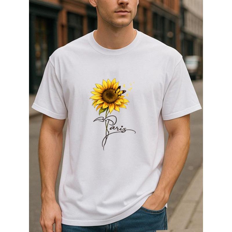 European Size Paris Sunflower Artistic Fresh Style All-Season Comfortable T-Shirt | Suitable for Daily and Home Wear, Round-neck, Fashionable for Men