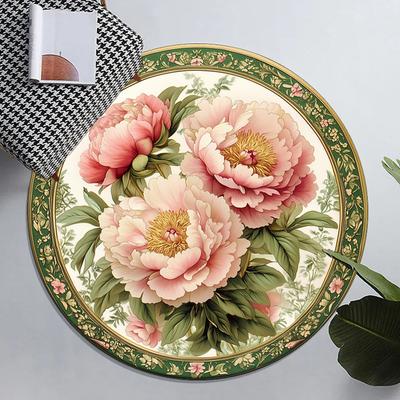 Pfingstrosenblume Elegenter Runder Kristall-Samt-Teppich Klassisches Blumendesign Heimdekoration Weiche Fußmatte für Wohnzimmer Schlafzimmer
