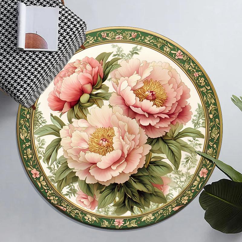 

Peony Flower Elegant Round Crystal Velvet Rug Classic Floral Design Home Decoration Soft Floor Mat for Living Room Bedroom 120cm