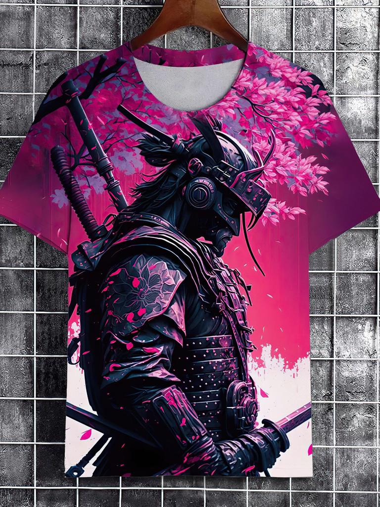 Herren Sommer Retro Samurai T-Shirt - 3D Druck Lässiges Kurzarm Rundhals T-Shirt, Japanisches Streetwear
