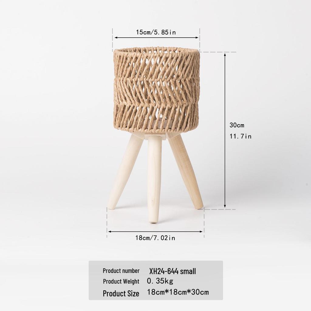 Nordic Rattan Woven Plant Stand - Handmade High-Leg Wooden Flower Pot for Indoor/ Balcony/ Living Room.