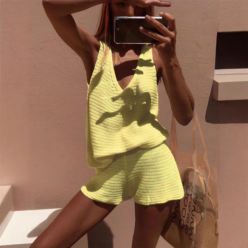 White Knit Sleeveless Deep V-Neck Vest and Shorts Set