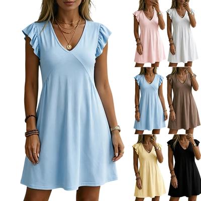 Ladies' Casual V-neck Pleated Ruffle Sleeves Loose Vest Skirt
