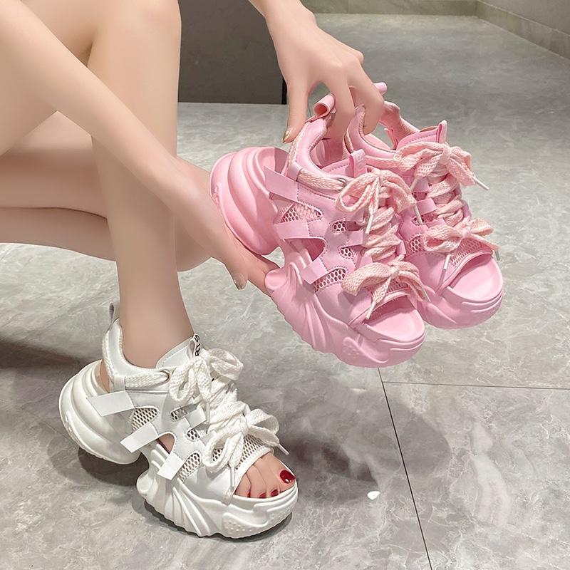 Fashion Pink Mesh Breathable Women Sandals New Comfortable Shoes Fashion Summer 7.5CM Peep Toe Platform Wedge High Hidden Heels Ladies