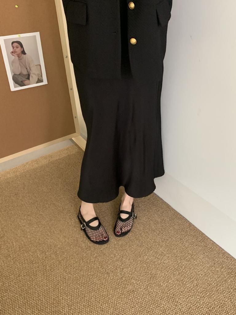 Happyfeeling One-word Buckle Strap Single Shoes Women's 2025 Summer New Flat-bottomed Hollowed-out Mary Jane Fishing Net Shoes