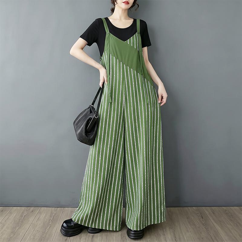 ZANZEA Womens Stripe Print Loose Casual Sleeveless Dungarees Wide Leg Jumpsuits