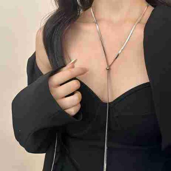Adjustable Titanium Steel Necklace with Round Beads - Minimalist Drawstring Chain Design