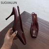 Fashion SUOJIALUN 2025 Spring New Brand Women Sandal Fashion Red Square Toe Shallow Slip On Slingback Shoes Thin High Heel Dress Pumps