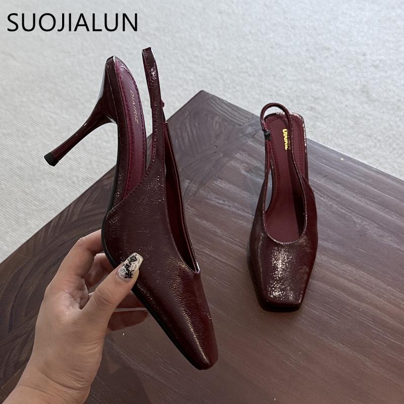 Fashion SUOJIALUN 2025 Spring New Brand Women Sandal Fashion Red Square Toe Shallow Slip On Slingback Shoes Thin High Heel Dress Pumps
